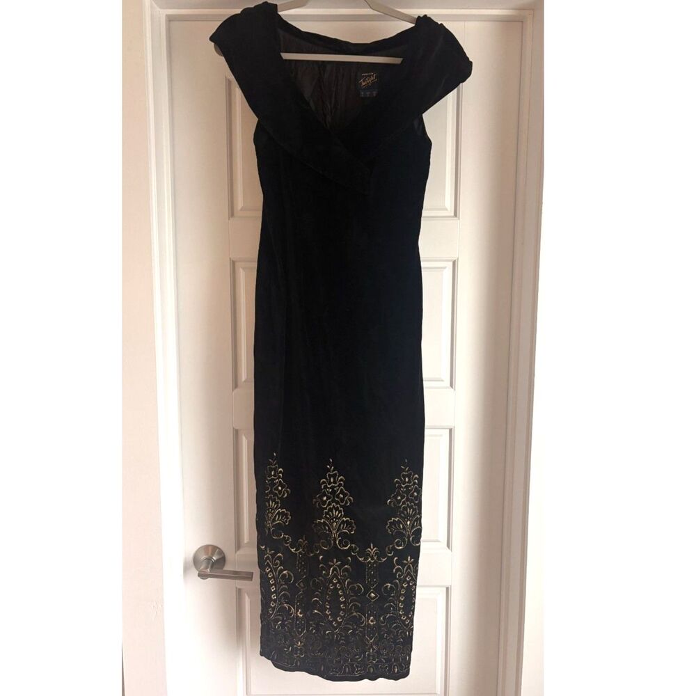 Vintage Monsoon Twilight Dress Black Velvet Gold Embroidered Size Small